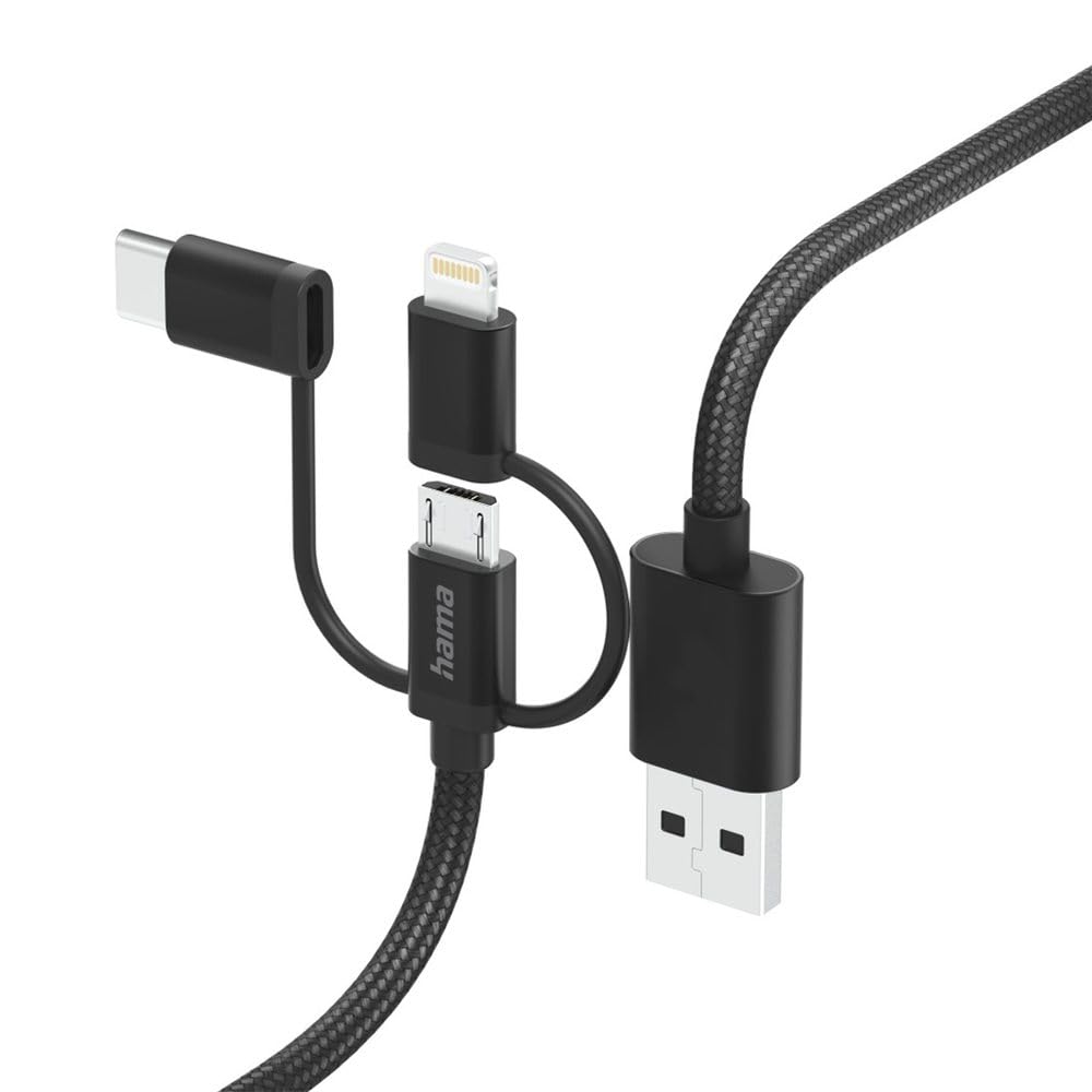 Hama 3 in 1 Micro USB Adapter, USB C/Lightning (Nylon, 3A, 480 Mbps, Break Protection, Cable 1.5 m) Black