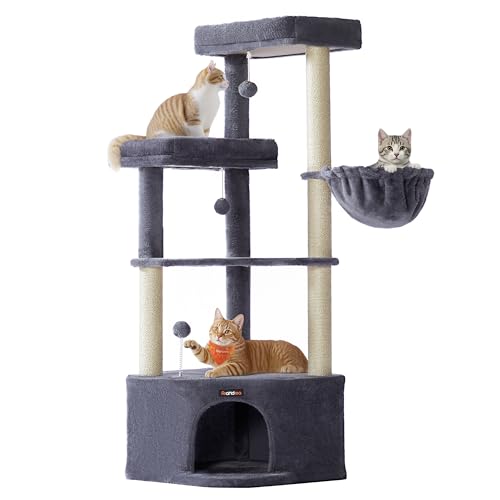 Feandrea Kratzbaum, Katzenbaum, 48,5 x 48,5 x 140,7 cm, Katzenkratzbaum mit großer Kuschelhöhle, großen Plattformen, Plüschbällen, Liegemulde,...