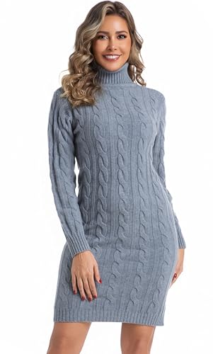 Avancel Damen Rollkragen Kleid Zopfmuster Basic Kleid Herbst Winter Warm Strickkleid Elegant Kleider Grau S