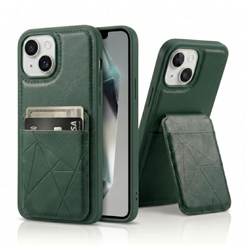 Image of amazon basics Premium Vegan Leather Back Cover with Card Holder and Integrated Mobile Stand for iPhone 15 - Slim Shockproof Wallet Case with Geometric Stitching [Green]