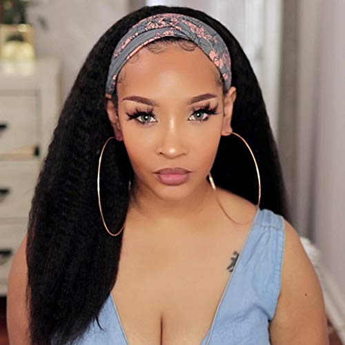 Kinky Straight Headband Wigs Italian Yaki Human Hair Wig for Black Women Easy to Wear Wig with Black Headband 150 Density #NC 16inches