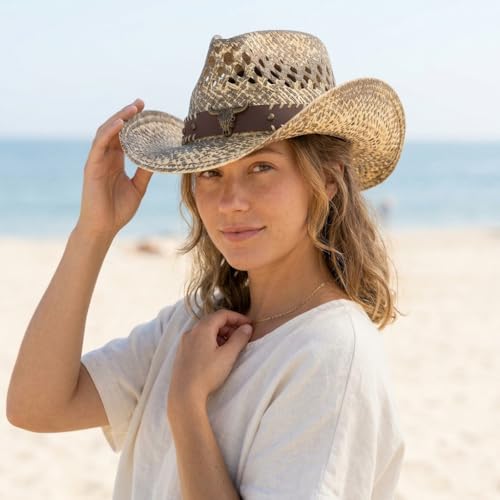 Image of Men & Women's Summer Cowboy Cowgirl Straw Hat Hollow Out Woven Roll Up Wide Brim Sun Hat with Chin Strap