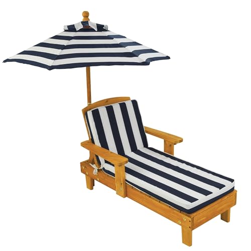 Pemberly Row Contemporary Outdoor Chaise Lounge with Umbrella Navy Finish Adjustable Reclining Design Durable Construction Shaded Comfort for Kids Room or Patio Lounge Use