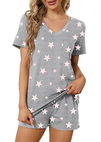 Image of RUBZOOF Women's Short Sleeve Pajama Sets with Pockets Casual V Neck 2 Piece Lounge Sets S-3XL