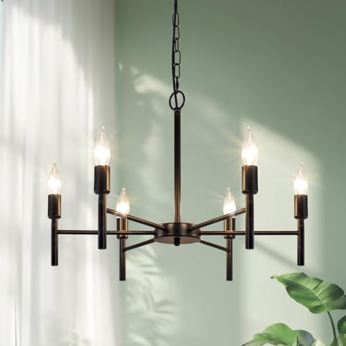 Image of Black Chandeliers Candle Ceiling lights Living Room, 6-Light Industrial Pendant Light Fixture with E14 Soket, Adjustable Height Vintage Farmhouse Hanging Lighting for Dining Room, Kitchen Island