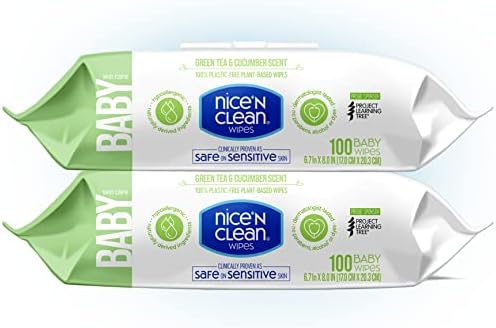 Nice 'n CLEAN Skin Care Baby Wipes Scented 100ct (2-Pack) | Safe on Sensitive Skin | Green Tea & Cucumber Scent | 100% Plastic-Free