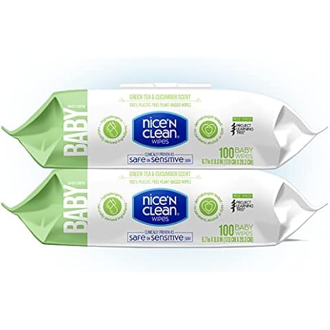 Nice 'n CLEAN Skin Care Baby Wipes Scented 100ct (2-Pack) | Safe on Sensitive Skin | Green Tea & Cucumber Scent | 100% Plastic-Free Cover