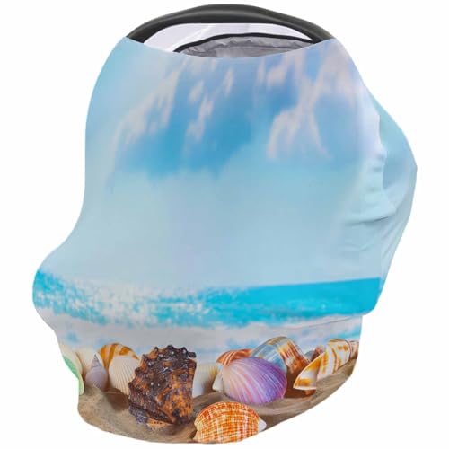 Nursing Cover for Breastfeeding Scarf, Blue Sea Summer Shell Beach Baby Car Covers Super Soft Multi Use for Canopy Shopping Cart Cover Blanket Stroller Cover