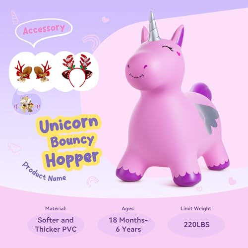 ZOOJOY Unicorn Bouncy Hopper, Inflatable Bouncy Horse Hopping Toys for Toddlers, Indoor Outdoor Bounce and Ride On Bouncer Boys Girls, Birthday Gifts for 18 Months 2 3 4 5 6 Year Old with Pump - Image 5