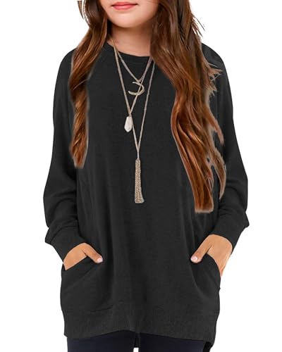 Image of Girls Shirts for 6-13 Years Long Sleeve Crewneck Tops with Pockets
