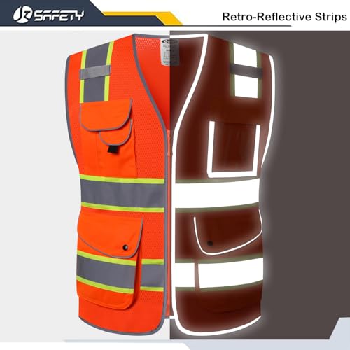 Image of JKSafety 9 Pockets Hi-Vis Reflective Safety Vest | Mesh Fabric | Fluorescent Orange Color with Neon Yellow Extended Trims | ANSI /ISEA Compliance (100-Orange, XL)