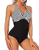 GOTIMAL Damen Badeanzug Neckholder high Waist v Ausschnitt Bademode Neckholder Schwimmanzug Schwarz mit Weiß Streifen 2XL