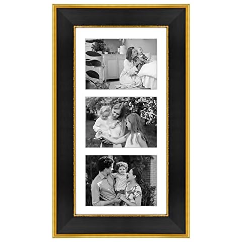 Space Art Deco, 7x14 Collage Picture Frame with Three (3) Openings for 4 x 6 Photos/Artworks - Sawtooth Hanger - Wall Mount - Shatter-Resistant Glass, Black with Classic Gold Cover