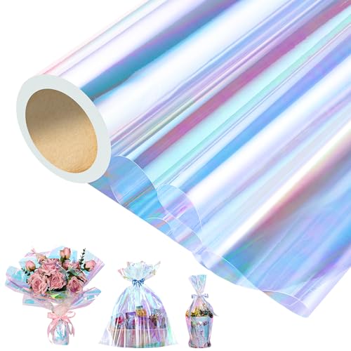 woric Iridescent Cellophane Wrap for Gift Baskets 82 Ft X 17 In Cellophane Wrap Roll Gift Basket Wrapping Plastic for Baby Shower Graduation Gifts Candy Treats Flower DIY Crafts (Iridescent Blue)
