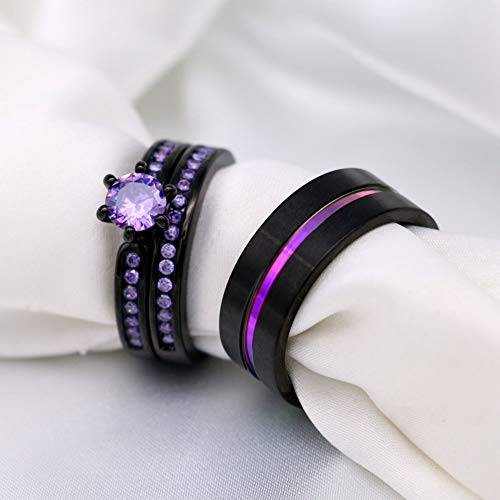 Wedding Ring Set His Hers Couples Matching Rings Women's 18K Black Gold Filled Violet Cz Wedding Engagement Ring Bridal Sets & Men's Tungsten Carbide Wedding Band #TOP3