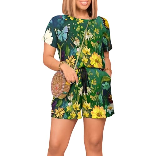 Qumaesl Conjunto casual feminino de duas peças, roupa esportiva, manga curta, com cordão, roupa de r