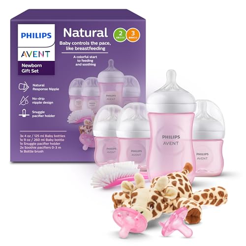 Image of Philips Avent Natural Response Baby Gift Set - 3X 4oz Pink Bottles with Slow Flow Nipples (Flow 2), 1x 9oz Pink Bottle with Medium Flow Nipples (Flow 3), 2X Soothie Pacifiers 0-3m, SCD838/03