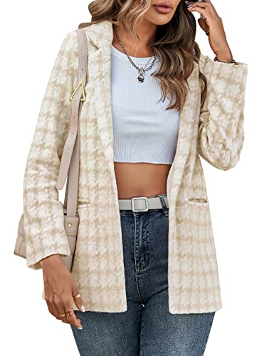 Merokeety Women's Long Sleeve Lapel Collar Woolen Blazer Coat Houndstooth Plaid Jacket With Pockets, Khaki, L #TOP1
