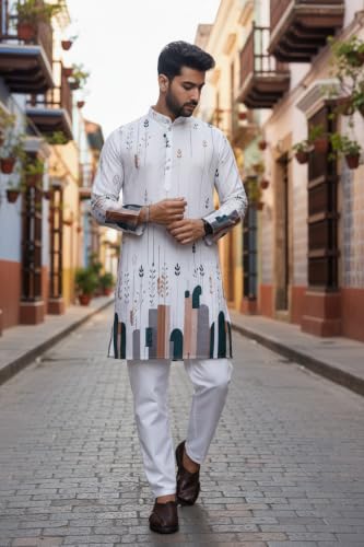 Image of Trustous Men's White Printed Kurta | Stylish Ethnic Wear Kurta for Men | Regular Fit Traditional Kurta | Festive, Wedding, Party & Casual Wear