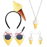 HOWAF Eiscreme Kostüm, Lustige Eistüte Haarreif Karneval, Eistüte Ohrringe, Halskette, Sonnenbrille für Eiscreme Karneval Kostüm Accessoires, Fasching, Faschingskostüme