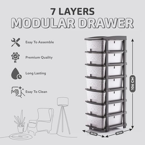 Image of 7XL Plastic Modular Drawer System for Home, Office, Hospital, Parlor, School, Doctors, Home and Kids, Product Dimension When assembeled (30cmx38cmx106 cm) (Grey, 7XL)