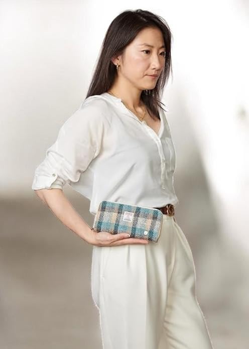 Image of Islander HarrisTweed & PU Leather women's long zip purse, Islander Tartan, Carry Cash & card, Scottish Style