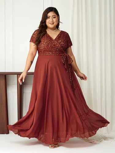 Image of Miss Chase A+ Women's Floral Printed Relaxed Fit V -Neck 3 /4Th Sleeve Georgette Maxi Dress
