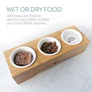 Navaris Cat Bowls with Stand Elevated Triple Feeder for Cats Ceramic Pet Bowl Dishes 3 Pcs Set with Printed Designs and Raised Bamboo Wood Holder