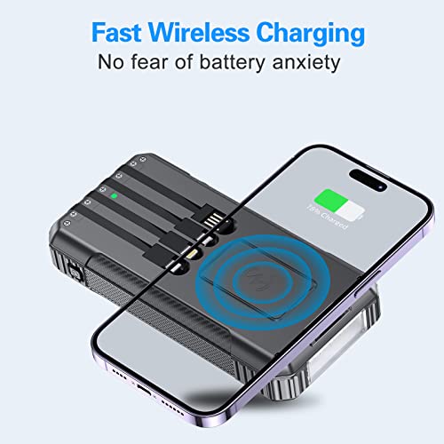 DJKK Solar Power Bank Wireless Charger 33800mAh Built in 4 Cables and LED Camping Lights 22.5W Fast Charging Power Bank 7 Outputs 4 Inputs Portable Charger Compatible with All Mobile Devices (Black)