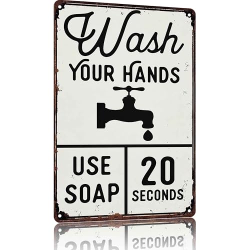 Vintage Wash Your Hands Metal Signs 8x12 Inch, Bathroom Wall Decor