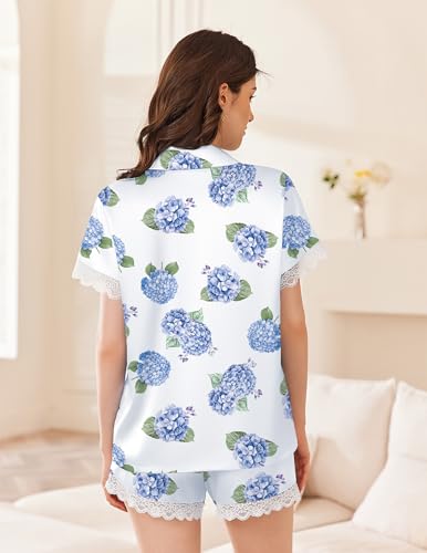 Image of Ekouaer Womens Lace Satin Pajama Set Button Down Pj Shorts Set Bridesmaids Getting Ready Outfits Casual Sleepwear XS-XXL