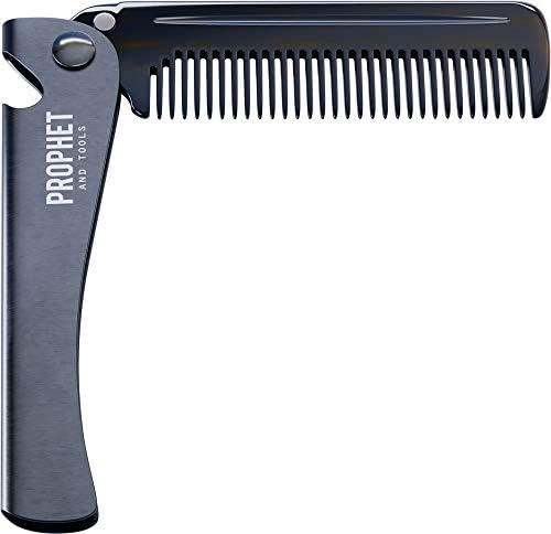 Black Metal Flip & Fold Beard Comb - Perfect for Detangling, Brushing & Straightening Short and Long Beards - Strong & Durable Fine Tooth Combing - Also Built In Cool Bottle Opener