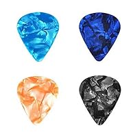 [Package] - 4pcs guitar picks [Material] - High quality celluloid. [Colors and Thickness] - 4 assorted thicknesses: sky blue 0.46mm , dark blue 0.71mm, golden 0.96mm, gray 1.2mm [Wide Application] - Suitable for electric, acoustic or bass guitar, uku...