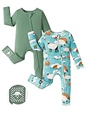 PATPAT Baby Footie Romper, viscose from bamboo, long sleeve, 2-way zipper, fold-over mittens, anti-slip grips, soft baby clothes gift for boys and girls Green Meadow 12-18 Months