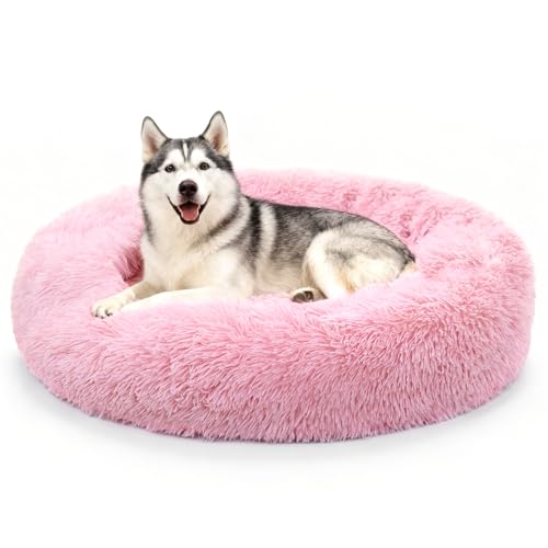 MDDK DY Letto Per Cani - 80 cm Cuccia Cane Interno Morbida Rotonda, Anti-ansia e soffice Cuccia gatto interno, Base Antiscivolo e Lavabile, cuscino per cani Diametro, Rosa