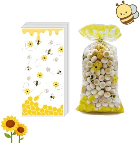EatnMgan 200Pcs Bee Cellophane Treat Bags,Cellophane Bags,Party Favors Bags Cellophane Treat,Goodie Candy with 220Pcs Twist Ties for Kid Birthday Baby Shower Party Supplies