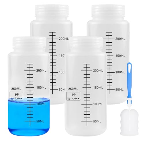MISIQIMA 4 Pièces 250 ml Flacons Laboratoires Plastiques, PP Bouteilles en Plastique à Col Large Gradué, Flacons à Col Large avec Brosse de Nettoyage pour Médicaments et Échantillons D'eau