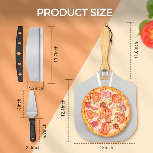 CasaCulina Pizza Peel Aluminum Pizza Spatula, 12 x 14 Inch Metal Pizza Paddle with Foldable Wooden Handle & Rocker Cutter, Pizza Peel Set for Family Pizza Oven Baking Pizza, Dough, Bread & Pastry - Thumbnail 2