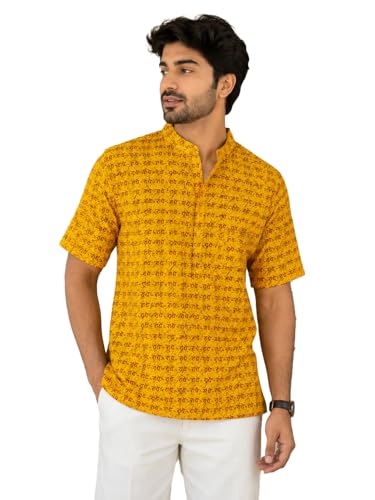 Image of LATEST CHIKAN Men's Cotton Printed Short Kurta | Half Sleeve Band Collar Ethnic Wear | Radhe Print Casual Festive Traditional Kurta for Men