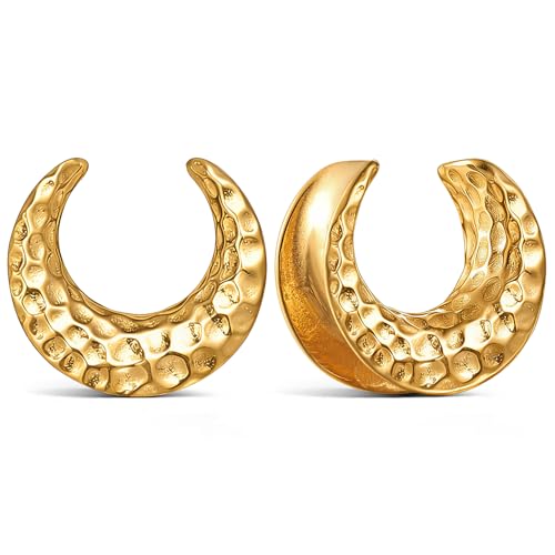 Casvort 2 PCS 22mm Hypoallergenic Comfy Gold Hammered Saddle Plugs Hangers, 7/8 inch 316 Surgical Stainless Steel Classic Luna Ear Plugs and Tunnels Body Stretching Jewelry for Women Men