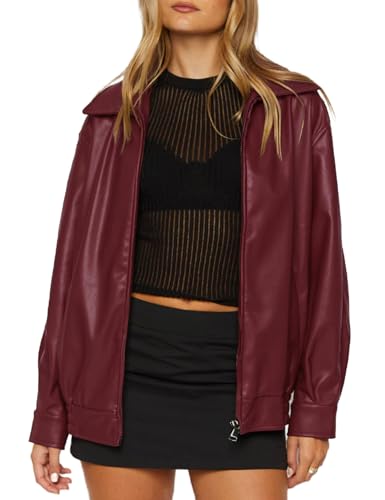 ZEXIGLAD Red Leather Jacket Women Oversized Faux Suede Motorcycle Bomber Winter Coats Zip Up Fall Leather Jackets 2025 with Pocket Wine Red M