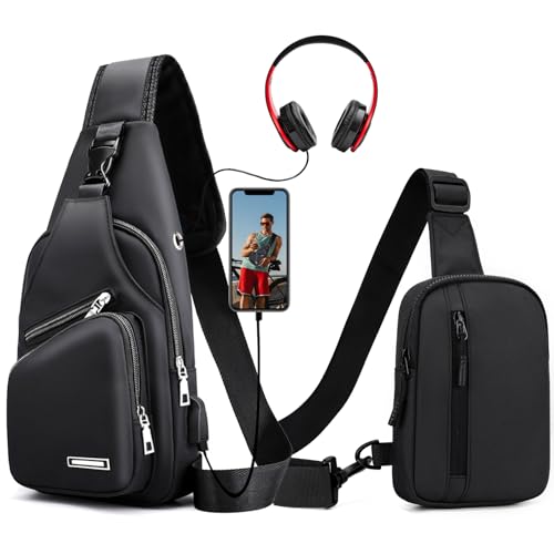 Peicees Mens Crossbody Bag Trendy Sling Bag Fashion Man Purse Waterproof Sling Backpack Daypack Cross Body Chest Bag for Men Women, Leather Black and Nylon Black