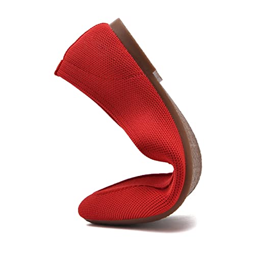 Puxowe Women's Pointed Toe Ballet Flat Shoes Knit Dress Shoes Low Wedge Loafer Comfortable Slip On Walking Driving Shoes Red Size 7 Us #TOP5