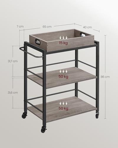 VASAGLE Servierwagen, Küchenwagen, abnehmbares Tablett, mit verstellbaren Füßen und Rollen, Küchenregal, Stahlrahmen, 40 x 72 x 86 cm, Industrie-Design, Greige-schwarz LRC072B02