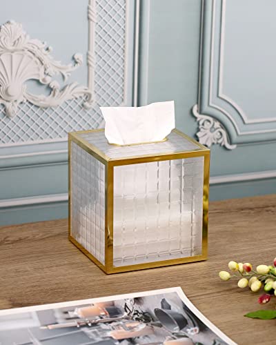 Keznguu Tissue Box Cover,Acrylic Tissue Box Holder,Clear Crystal Tissue Box Square,Gold Tissue Dispenser Modern,Decorative Tissues Cube Box Cover For Living Room,Bathroom,Office,Bedroom #TOP5