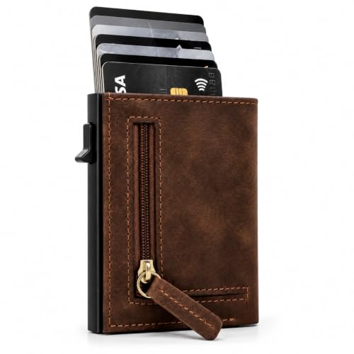 The Bae Gift Slim Leather Card Holder Wallet, Black, RFID Blocking, Zipper Pocket, Pop-Up Card Ejector (Brown)