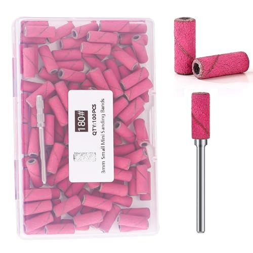 ERUIKA 100個 ネイルドリルビット 小型サンディングバンド アップグレード付き 3.1mm マンドレルビット、180 ファイングリット ネイルファイルサンディングバンド アクリルネイルジェルリムービングシェーピングマニキュアとペディキュア(ローズレッド、180グリット)（Amazon）
