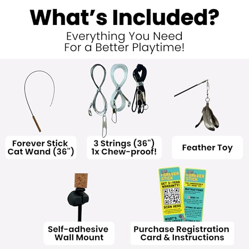 Forever Stick and 3 Strings including Chew Proof Metal Wire - The Unbreakable Cat Wand Toy, Durable Cat Toy Wand, Extra Long Cat String Toy, Cat Fishing Pole Toy for Bored Indoor Adult Cats, Stick Toy by Repounce - Image 2