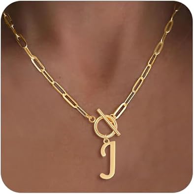 Gold Initial Necklaces For Women- Vintage 18K Gold Plated Toggle Letter Necklace Paper Clip Chain Choker Necklace For Women Jewelry Gifts