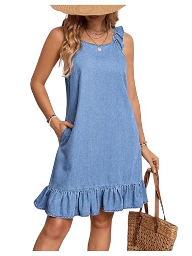 Floerns Women's Ruffle Trim Sleeveless Tank Denim Dress Vacation Scoop Neck Jean Dresses